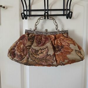 VTG Victorian Art Deco Style Beaded Floral Brocade Handbag Metal Frame Clasp